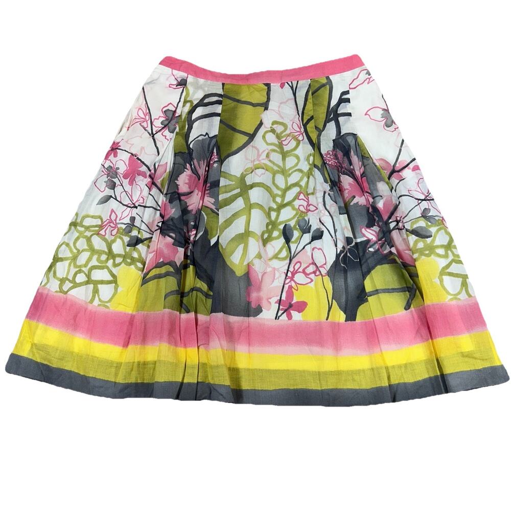 Etcetera Floral A-Line Skirt Women 4 White Pink Green Pleated Cotton Garden